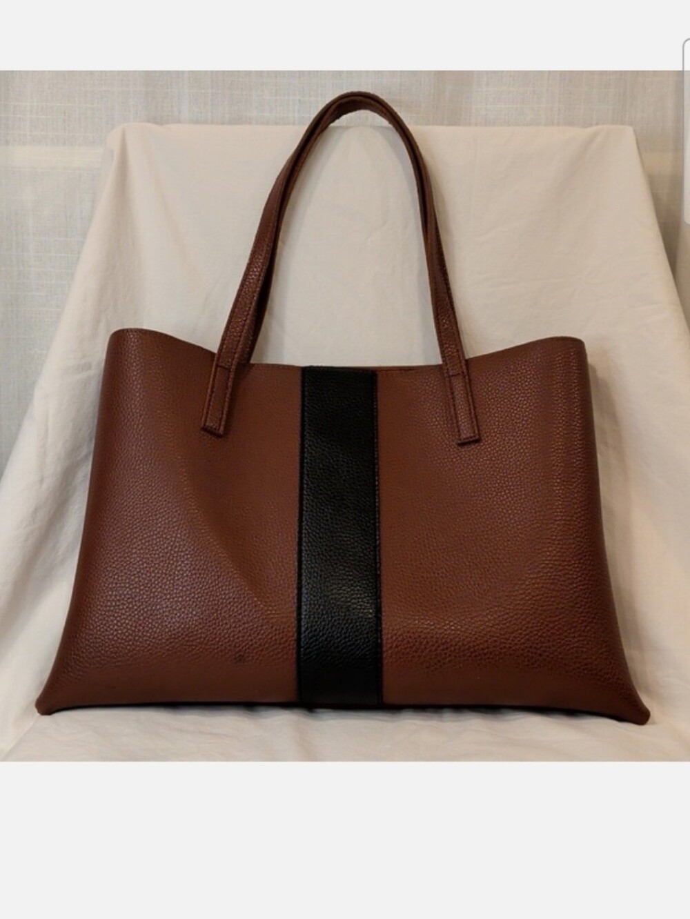 Vince Camuto Vegan Leather Tote Bag- Brown With Black Stripe